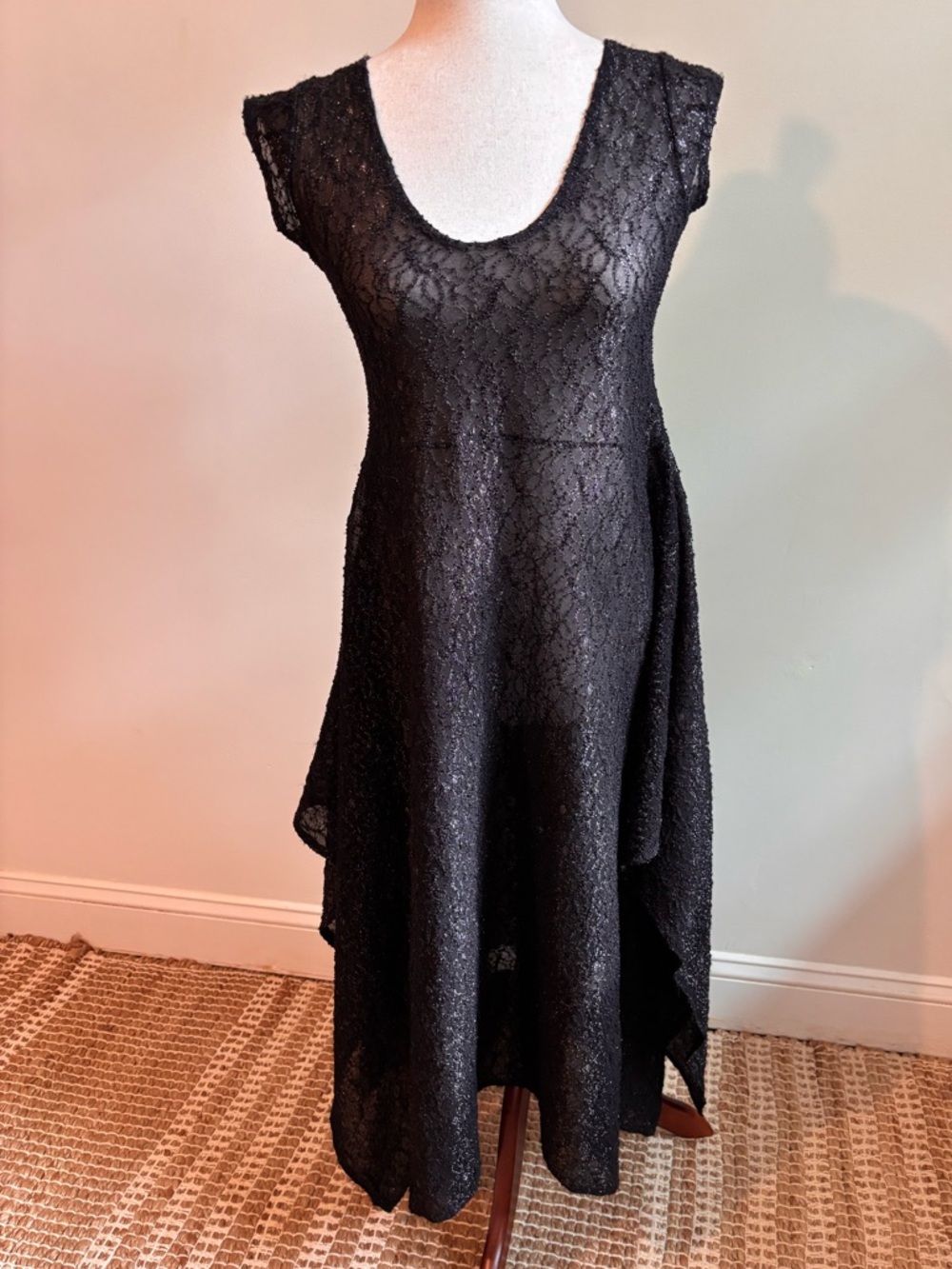 Black Lace Overlay Dress Small Sheer Boho Flowy Asymmetrical Midi Festival